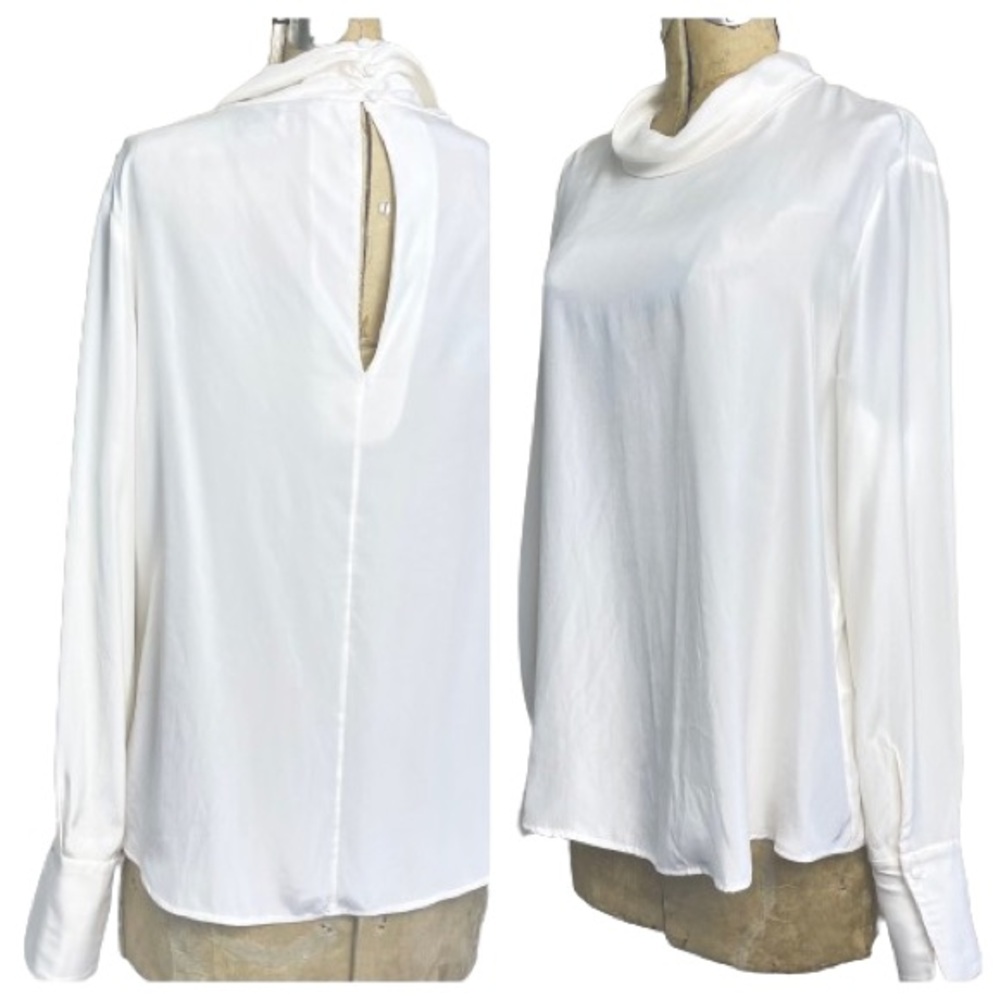 FRAME Silk Blouse | Long Sleeve Shirt Top High Neck Ivory | L | Classic, Work